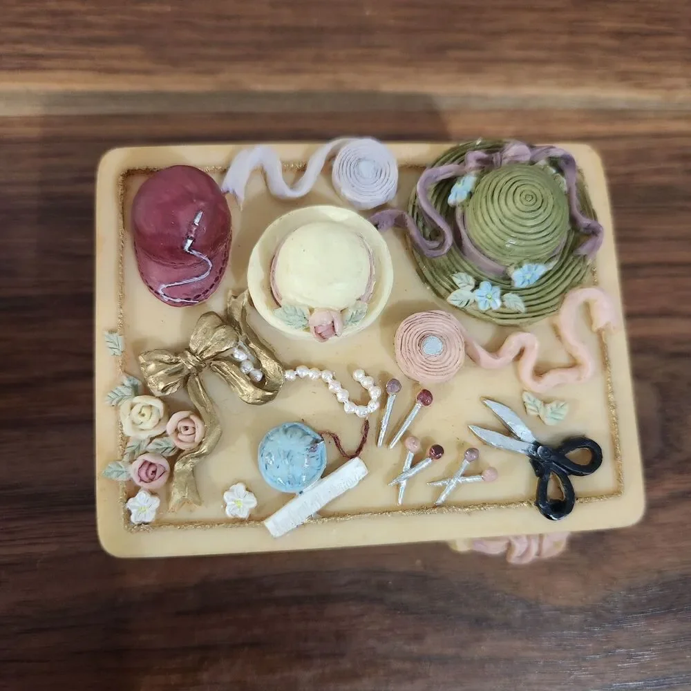 Dezine Vintage 1995 Hand Painted 3D Embossed Trinket Box Victorian Ribbons Hats